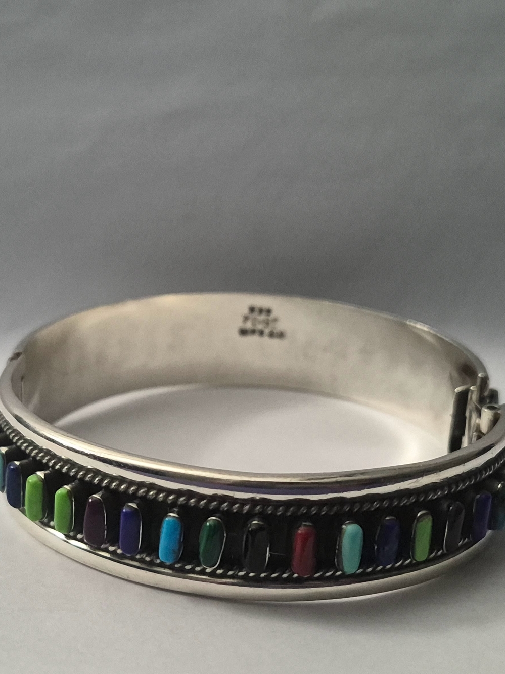Vintage Taxco Mexico 925 Sterling Silver Hinged Multi-Stone Cuff Bracelet 40g